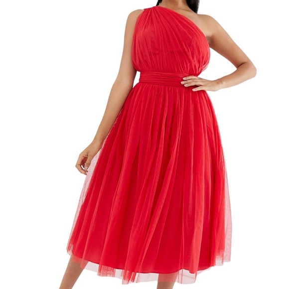 ASOS Dresses & Skirts - NWT ASOS Design One Shoulder Tulle Midi Dress Red Size US 4 Prom Grad Formal